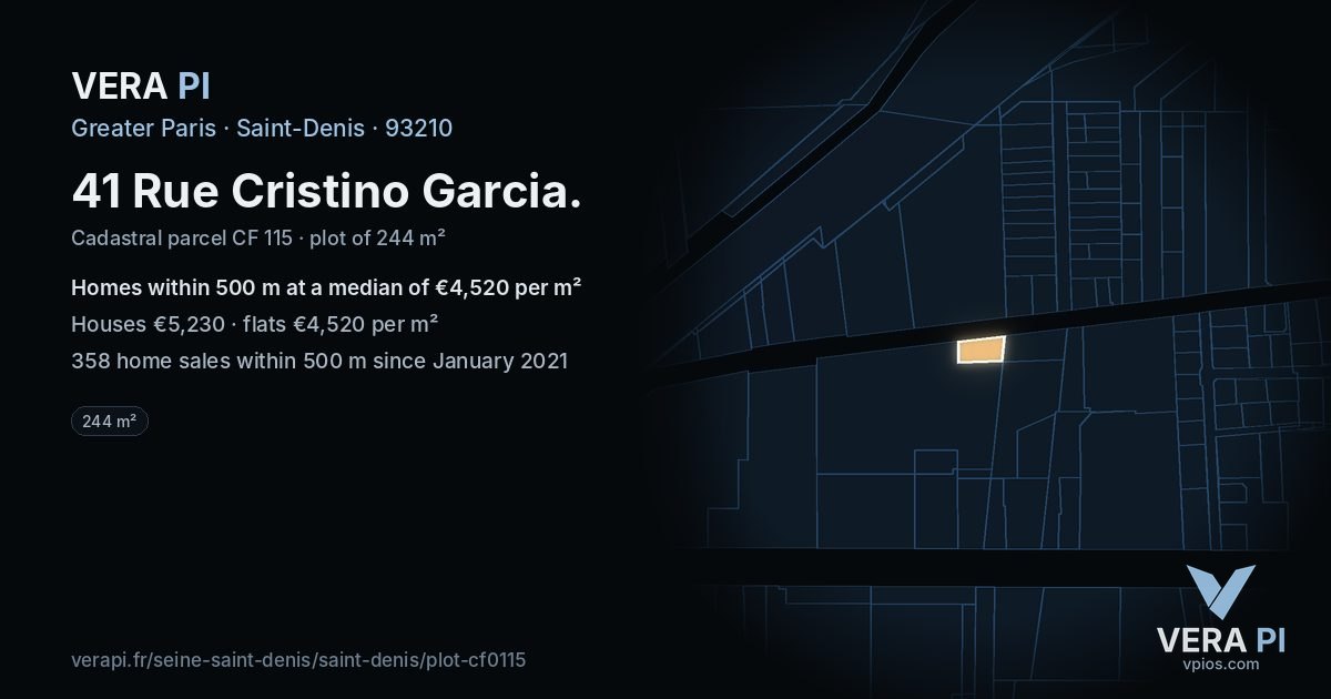 41 Rue Cristino Garcia, Saint-Denis at night – the plot lit, the parcels around coloured by the prices near them