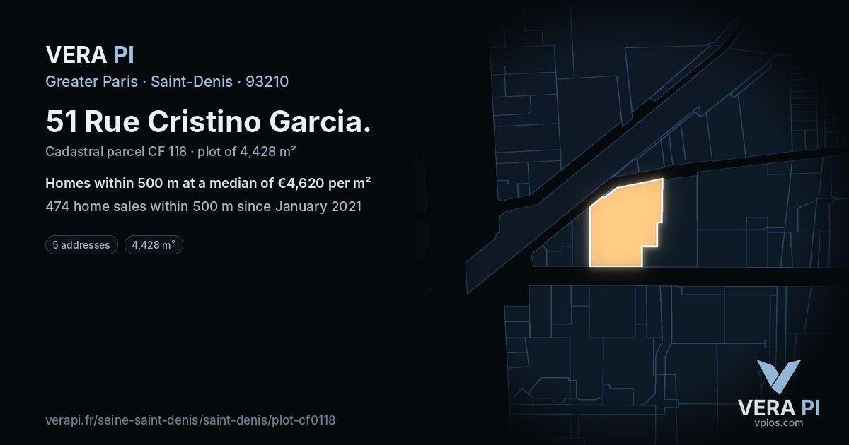51 Rue Cristino Garcia, Saint-Denis at night – the plot lit, the parcels around coloured by the prices near them