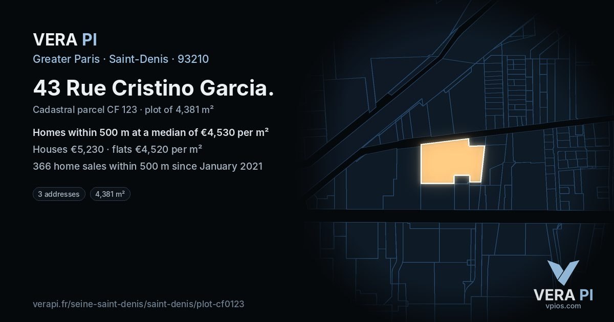 43 Rue Cristino Garcia, Saint-Denis at night – the plot lit, the parcels around coloured by the prices near them