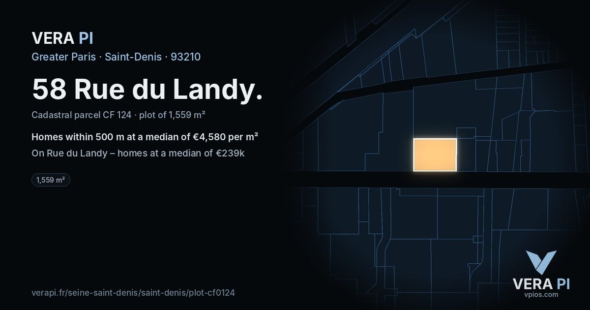 58 Rue du Landy, Saint-Denis at night – the plot lit, the parcels around coloured by the prices near them