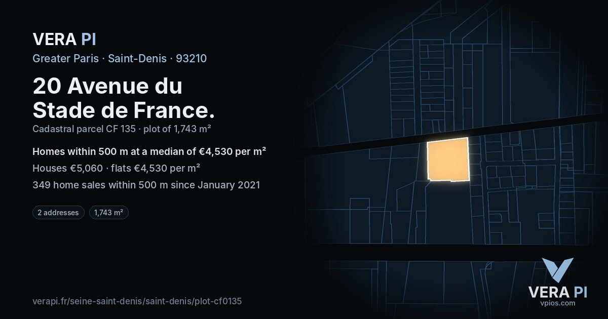 20 Avenue du Stade de France, Saint-Denis at night – the plot lit, the parcels around coloured by the prices near them