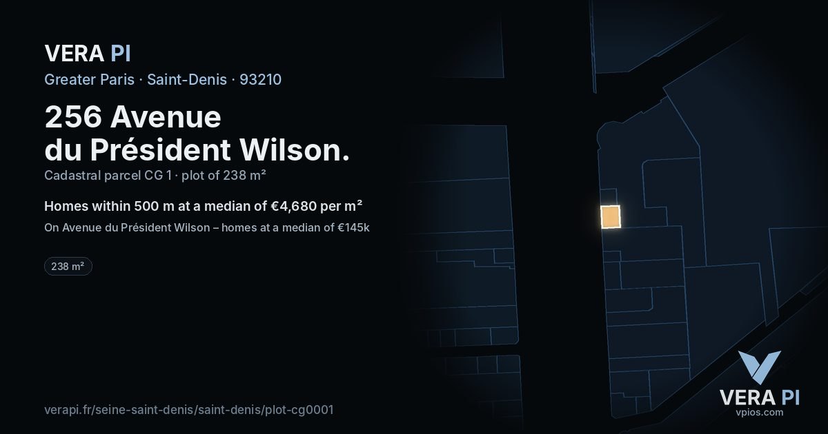 256 Avenue du Président Wilson, Saint-Denis at night – the plot lit, the parcels around coloured by the prices near them