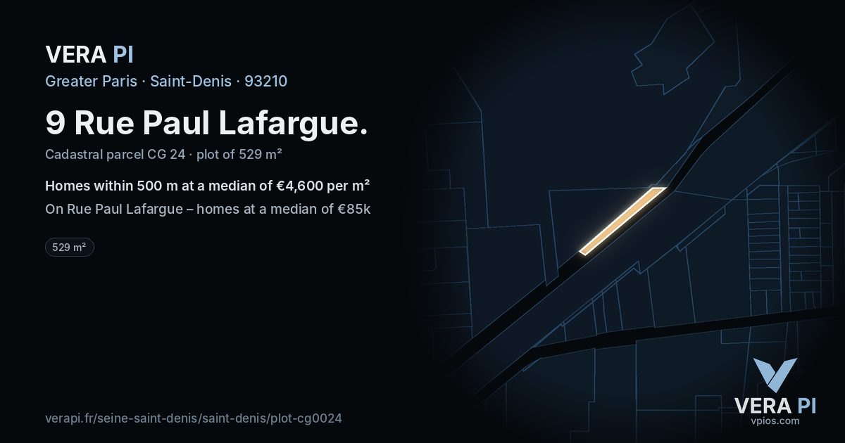 9 Rue Paul Lafargue, Saint-Denis at night – the plot lit, the parcels around coloured by the prices near them