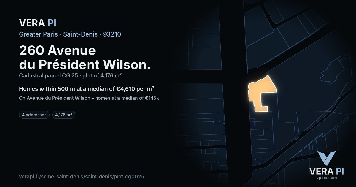 260 Avenue du Président Wilson, Saint-Denis at night – the plot lit, the parcels around coloured by the prices near them