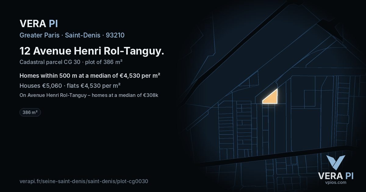 12 Avenue Henri Rol-Tanguy, Saint-Denis at night – the plot lit, the parcels around coloured by the prices near them