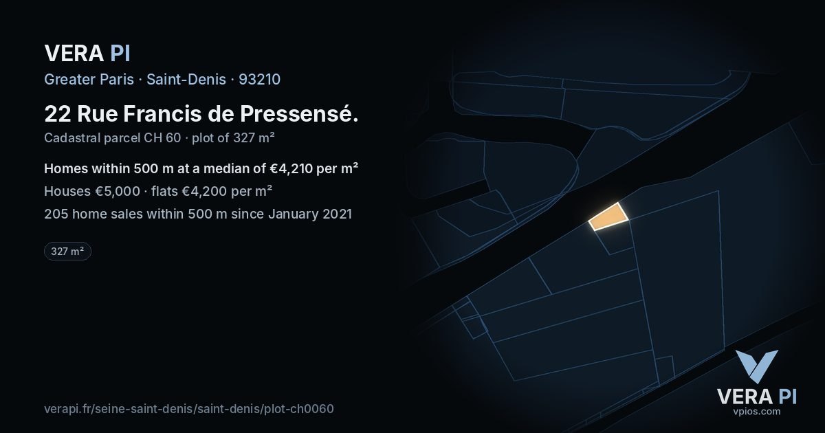 22 Rue Francis de Pressensé, Saint-Denis at night – the plot lit, the parcels around coloured by the prices near them