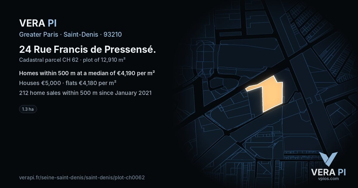 24 Rue Francis de Pressensé, Saint-Denis at night – the plot lit, the parcels around coloured by the prices near them