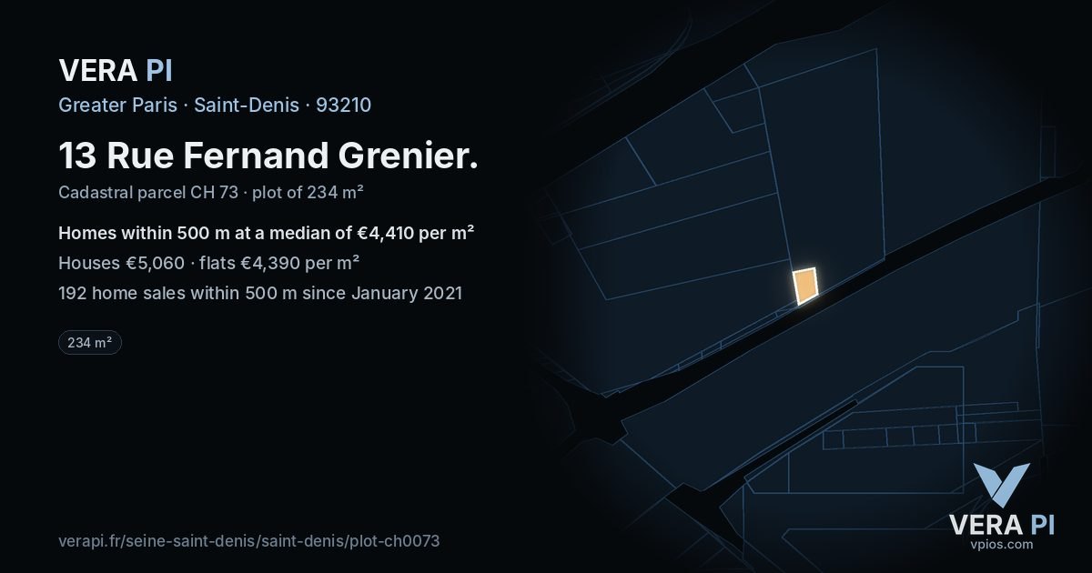 13 Rue Fernand Grenier, Saint-Denis at night – the plot lit, the parcels around coloured by the prices near them