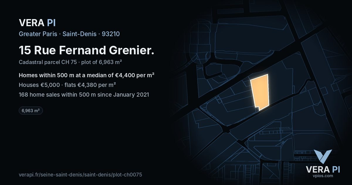 15 Rue Fernand Grenier, Saint-Denis at night – the plot lit, the parcels around coloured by the prices near them