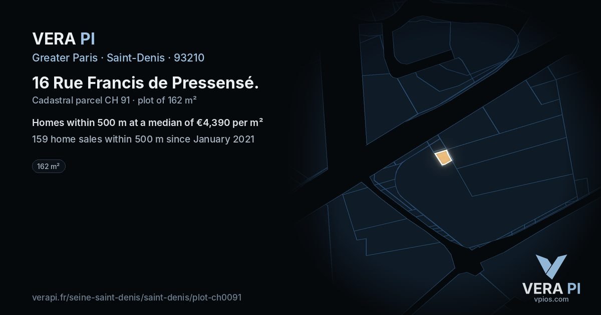 16 Rue Francis de Pressensé, Saint-Denis at night – the plot lit, the parcels around coloured by the prices near them