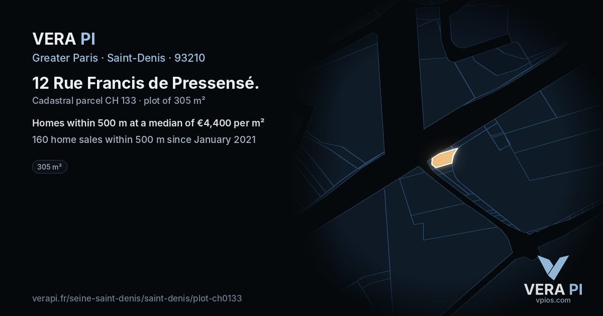 12 Rue Francis de Pressensé, Saint-Denis at night – the plot lit, the parcels around coloured by the prices near them