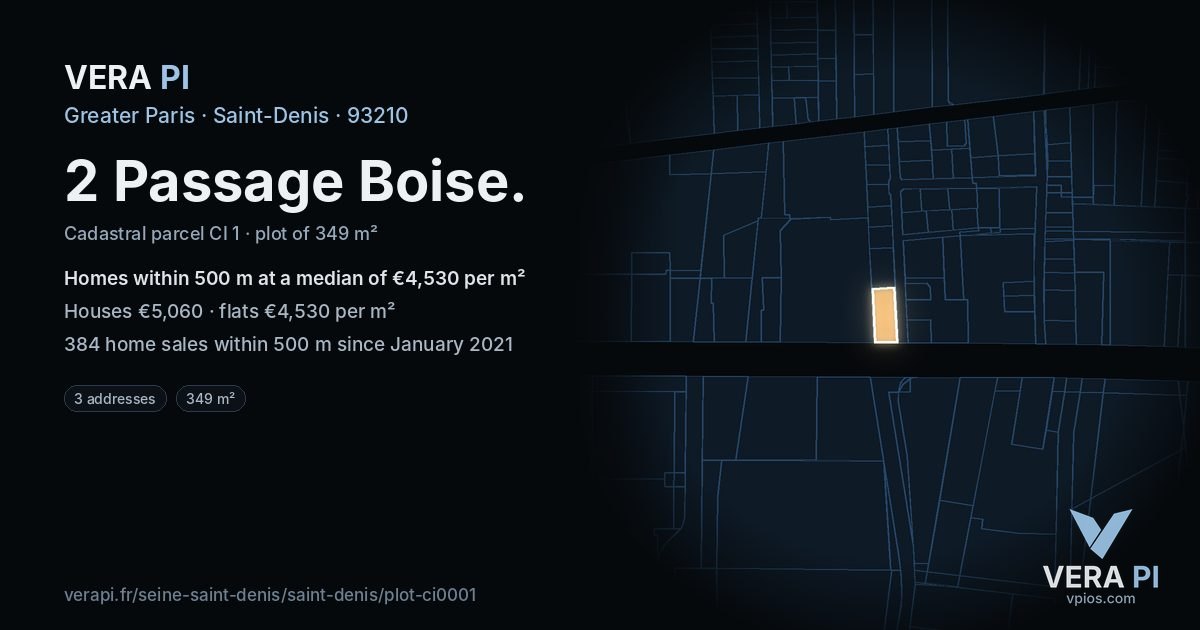 2 Passage Boise, Saint-Denis at night – the plot lit, the parcels around coloured by the prices near them