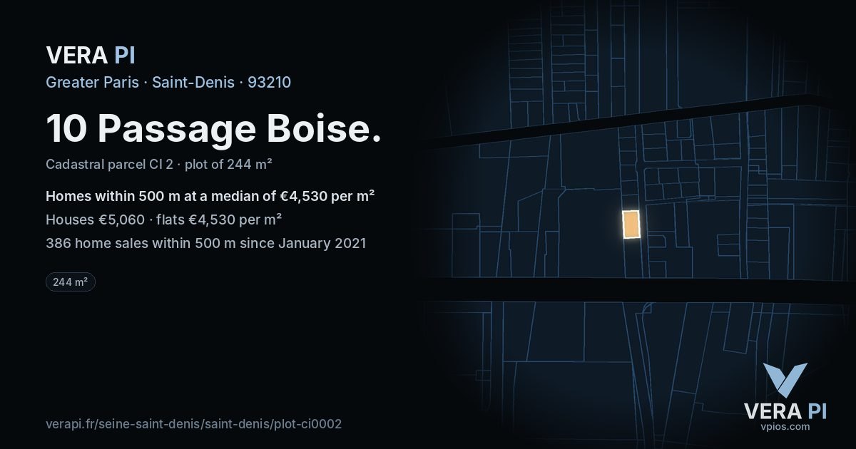 10 Passage Boise, Saint-Denis at night – the plot lit, the parcels around coloured by the prices near them