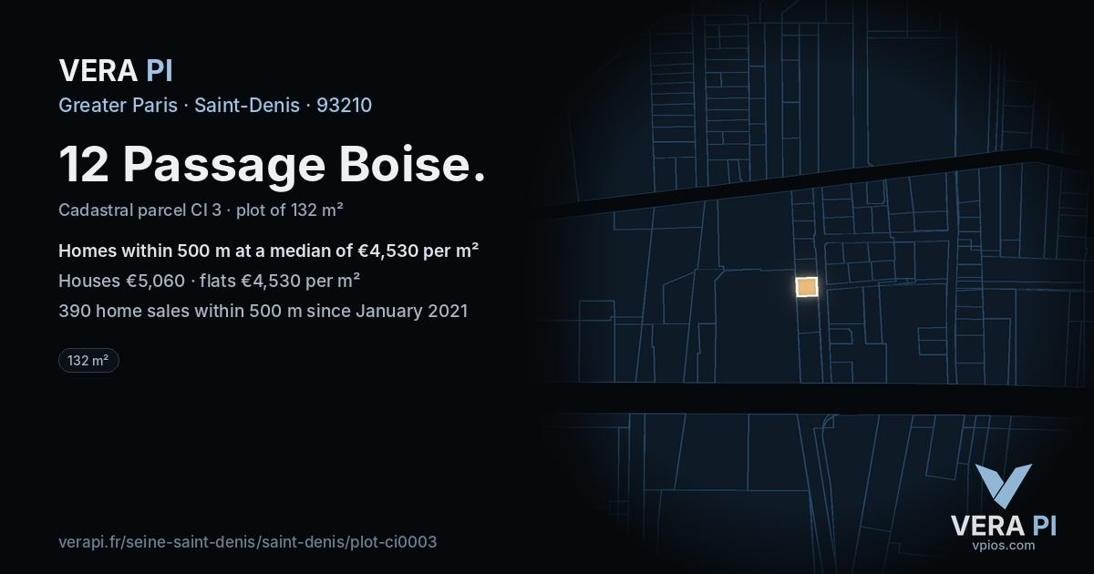 12 Passage Boise, Saint-Denis at night – the plot lit, the parcels around coloured by the prices near them