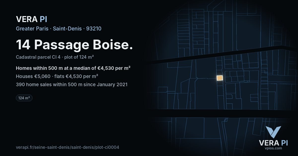14 Passage Boise, Saint-Denis at night – the plot lit, the parcels around coloured by the prices near them