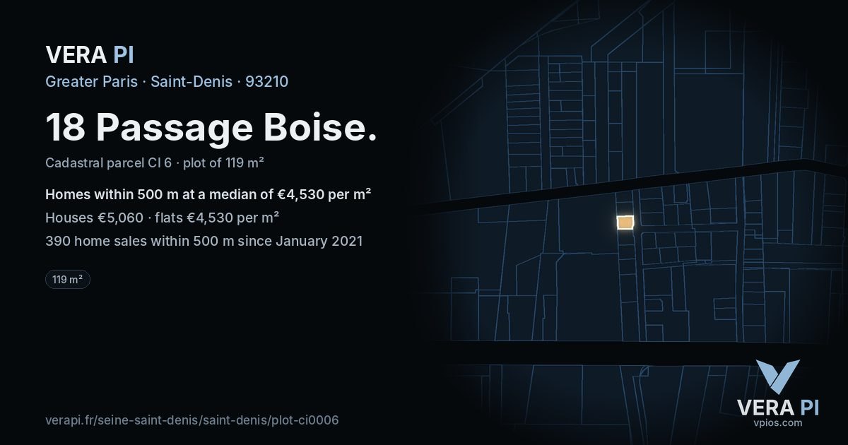 18 Passage Boise, Saint-Denis at night – the plot lit, the parcels around coloured by the prices near them