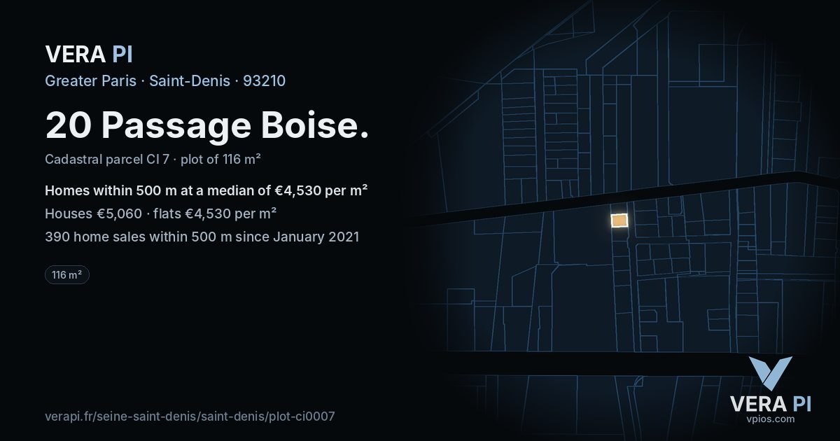 20 Passage Boise, Saint-Denis at night – the plot lit, the parcels around coloured by the prices near them