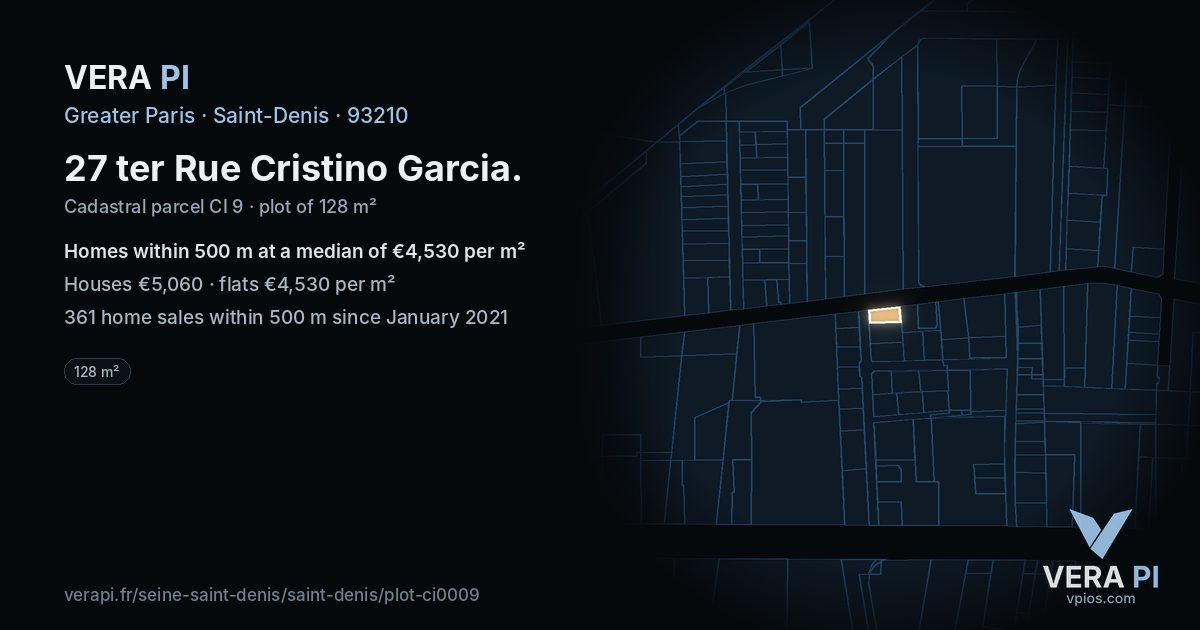 27 ter Rue Cristino Garcia, Saint-Denis at night – the plot lit, the parcels around coloured by the prices near them