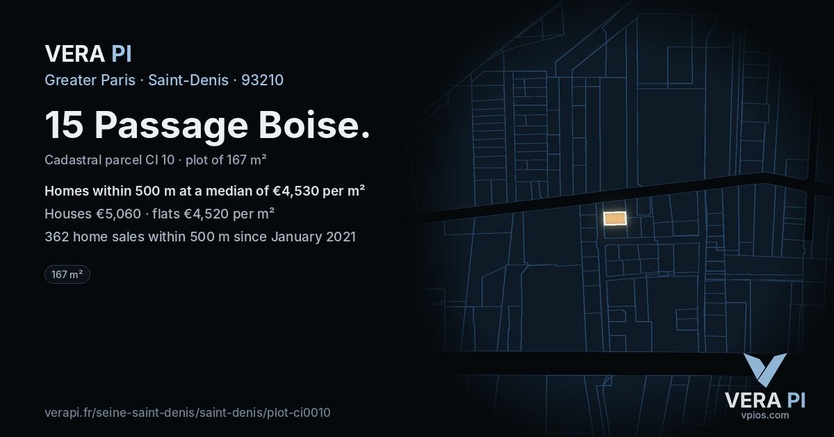 15 Passage Boise, Saint-Denis at night – the plot lit, the parcels around coloured by the prices near them