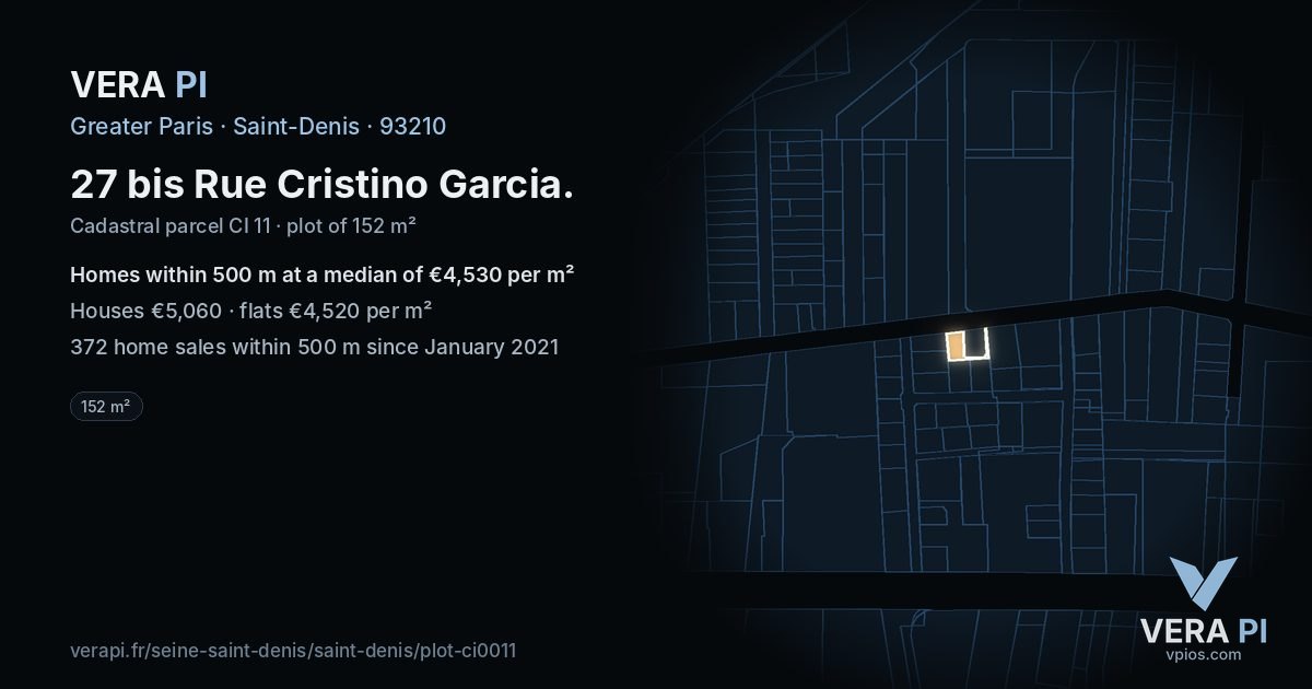 27 bis Rue Cristino Garcia, Saint-Denis at night – the plot lit, the parcels around coloured by the prices near them