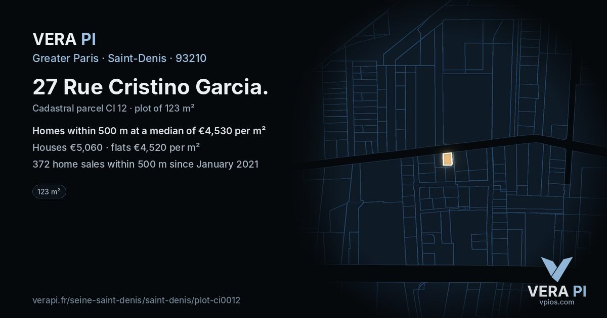 27 Rue Cristino Garcia, Saint-Denis at night – the plot lit, the parcels around coloured by the prices near them