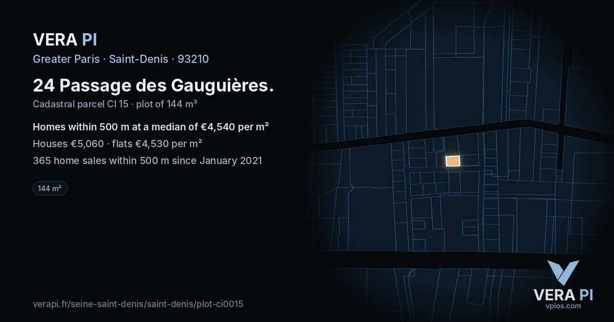 24 Passage des Gauguières, Saint-Denis at night – the plot lit, the parcels around coloured by the prices near them