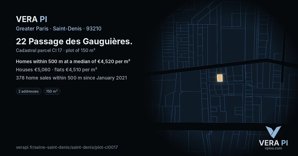22 Passage des Gauguières, Saint-Denis at night – the plot lit, the parcels around coloured by the prices near them
