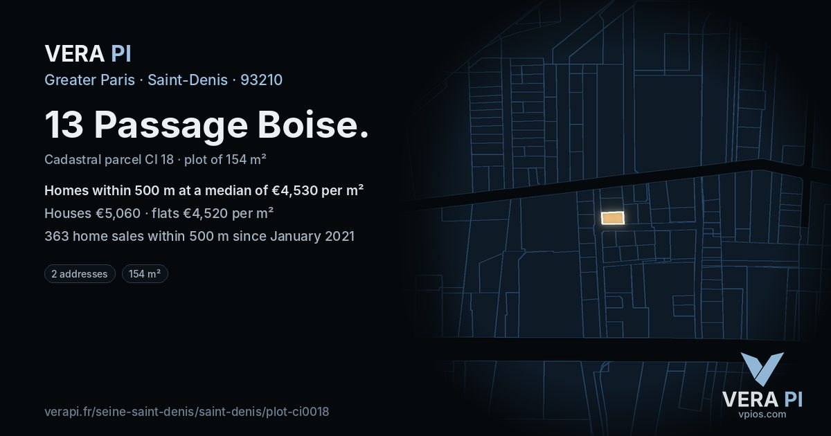 13 Passage Boise, Saint-Denis at night – the plot lit, the parcels around coloured by the prices near them
