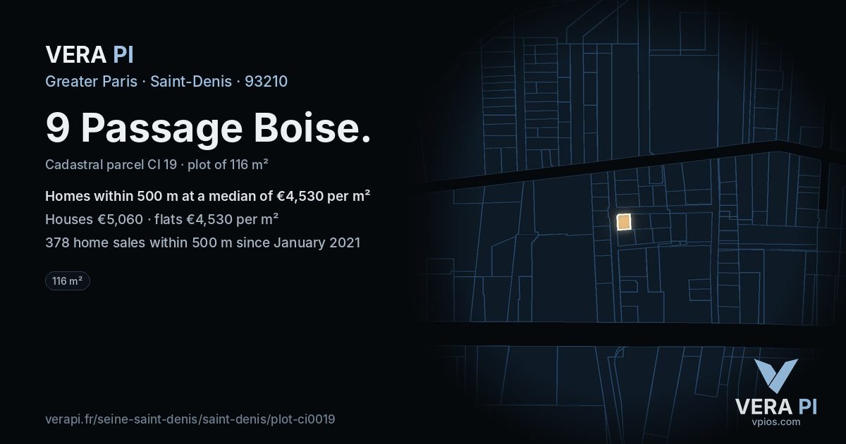 9 Passage Boise, Saint-Denis at night – the plot lit, the parcels around coloured by the prices near them