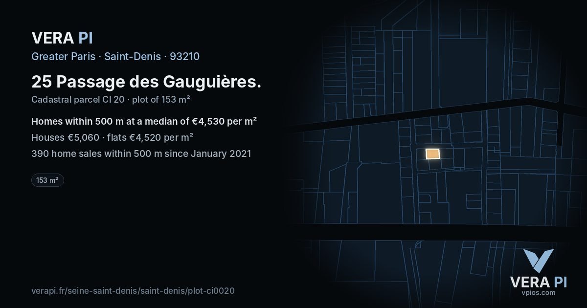 25 Passage des Gauguières, Saint-Denis at night – the plot lit, the parcels around coloured by the prices near them
