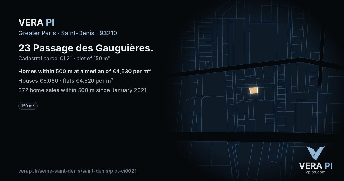 23 Passage des Gauguières, Saint-Denis at night – the plot lit, the parcels around coloured by the prices near them