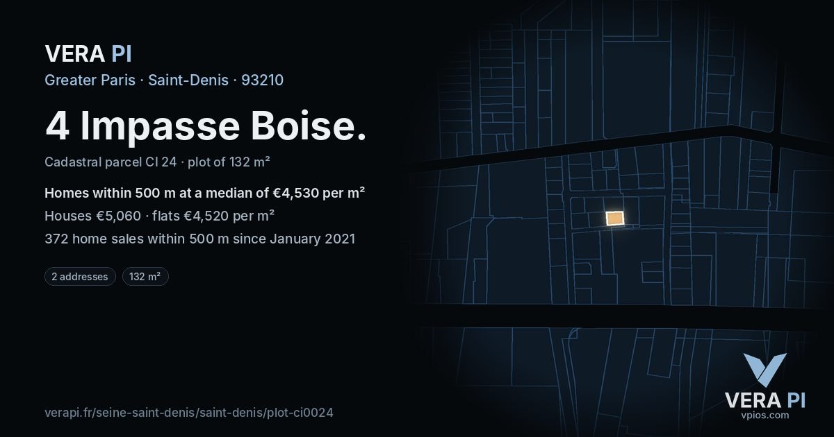 4 Impasse Boise, Saint-Denis at night – the plot lit, the parcels around coloured by the prices near them