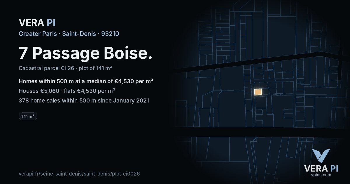 7 Passage Boise, Saint-Denis at night – the plot lit, the parcels around coloured by the prices near them