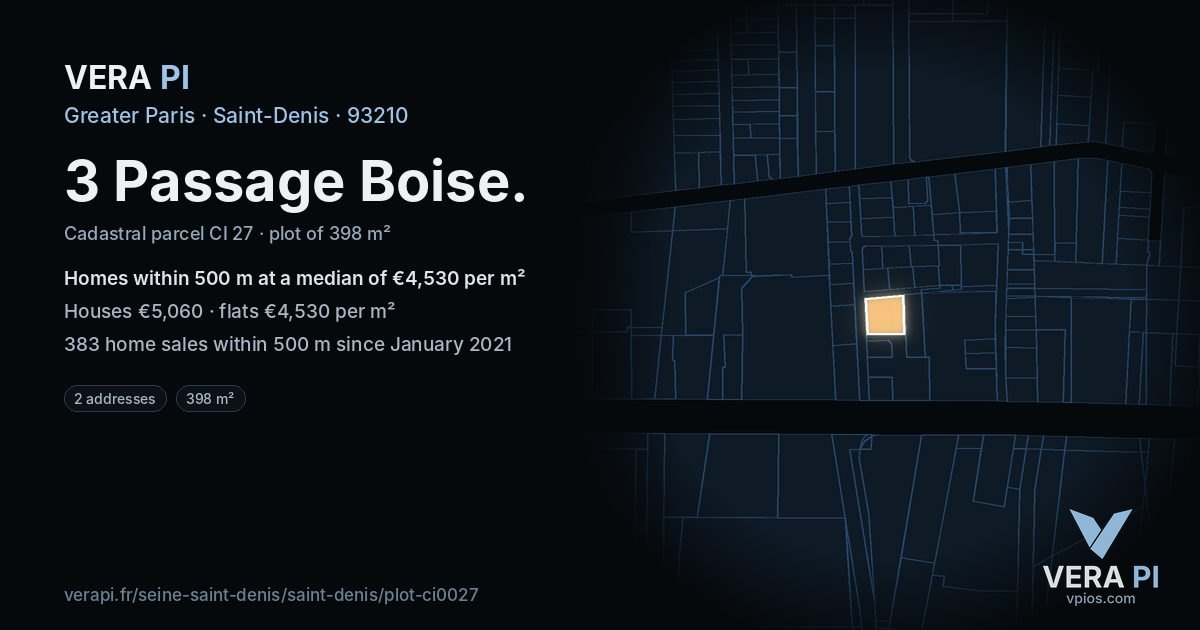 3 Passage Boise, Saint-Denis at night – the plot lit, the parcels around coloured by the prices near them
