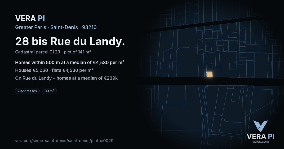 28 bis Rue du Landy, Saint-Denis at night – the plot lit, the parcels around coloured by the prices near them