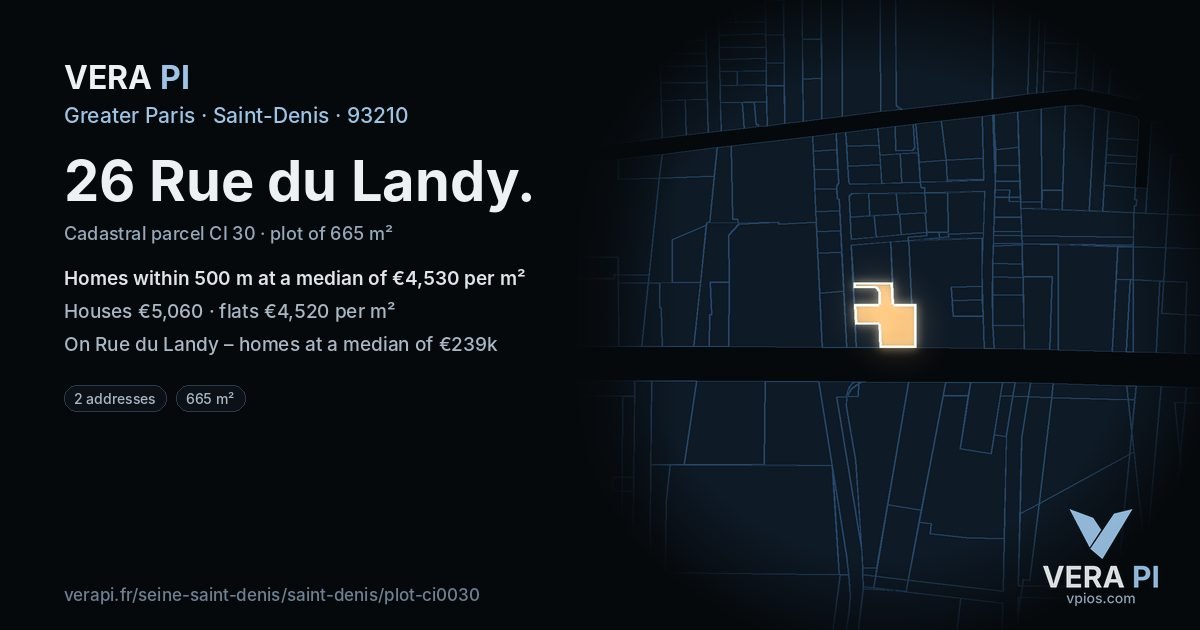 26 Rue du Landy, Saint-Denis at night – the plot lit, the parcels around coloured by the prices near them