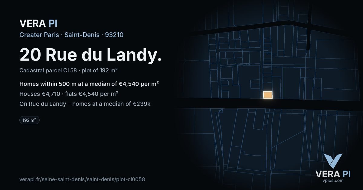 20 Rue du Landy, Saint-Denis at night – the plot lit, the parcels around coloured by the prices near them