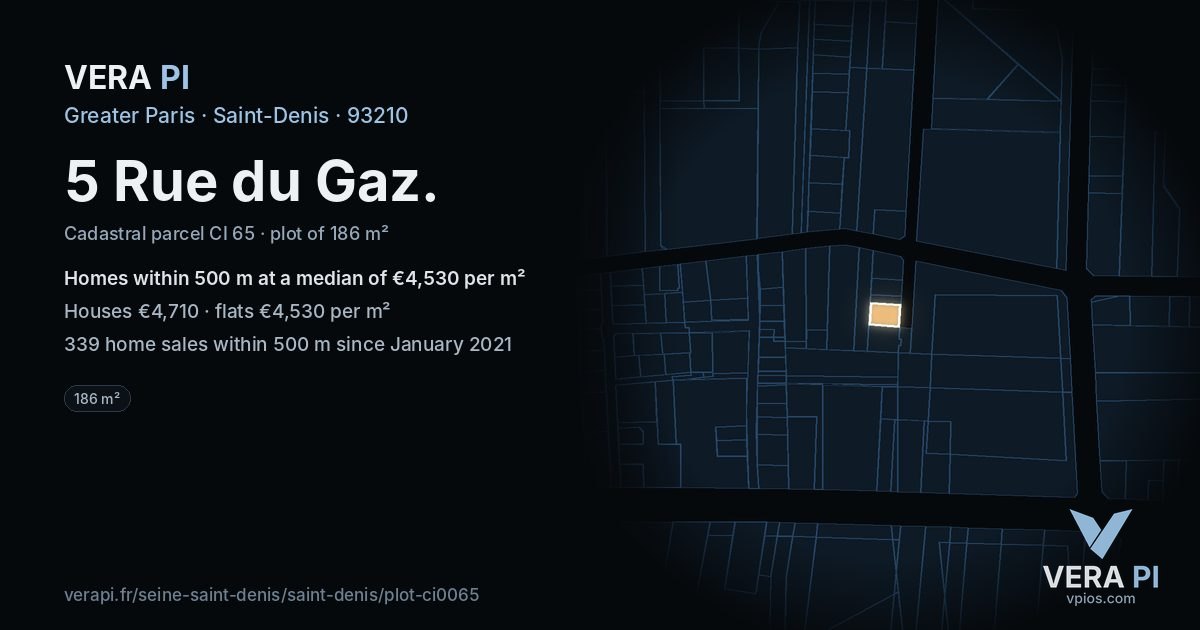 5 Rue du Gaz, Saint-Denis at night – the plot lit, the parcels around coloured by the prices near them