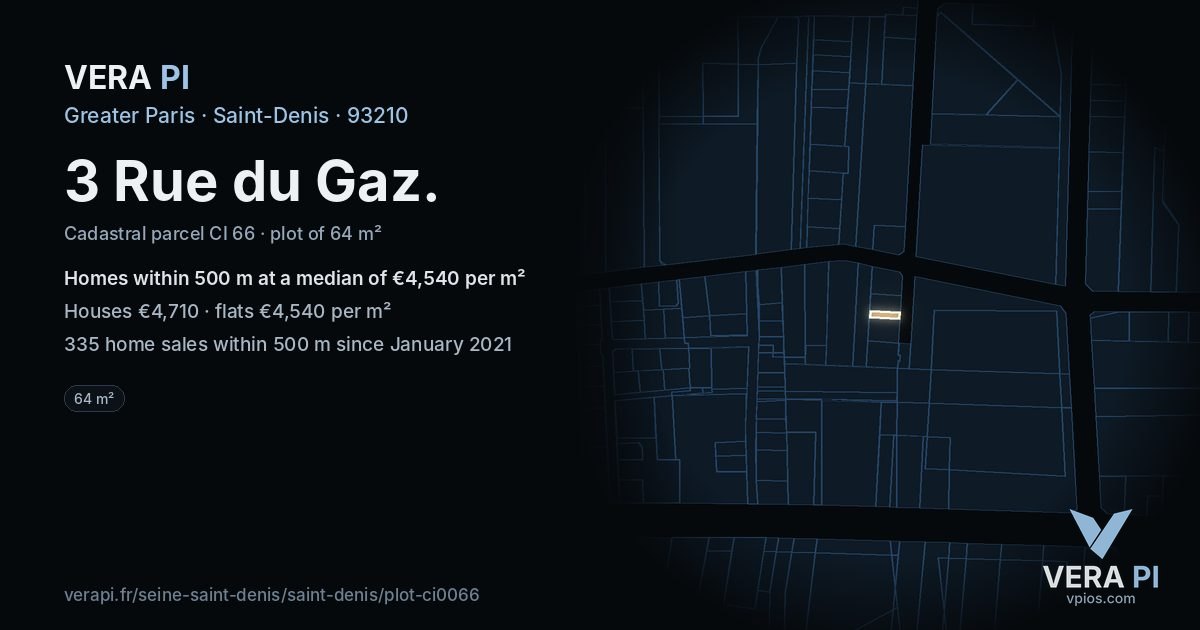 3 Rue du Gaz, Saint-Denis at night – the plot lit, the parcels around coloured by the prices near them
