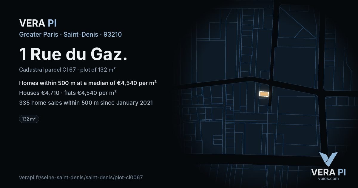 1 Rue du Gaz, Saint-Denis at night – the plot lit, the parcels around coloured by the prices near them
