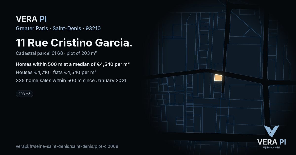 11 Rue Cristino Garcia, Saint-Denis at night – the plot lit, the parcels around coloured by the prices near them
