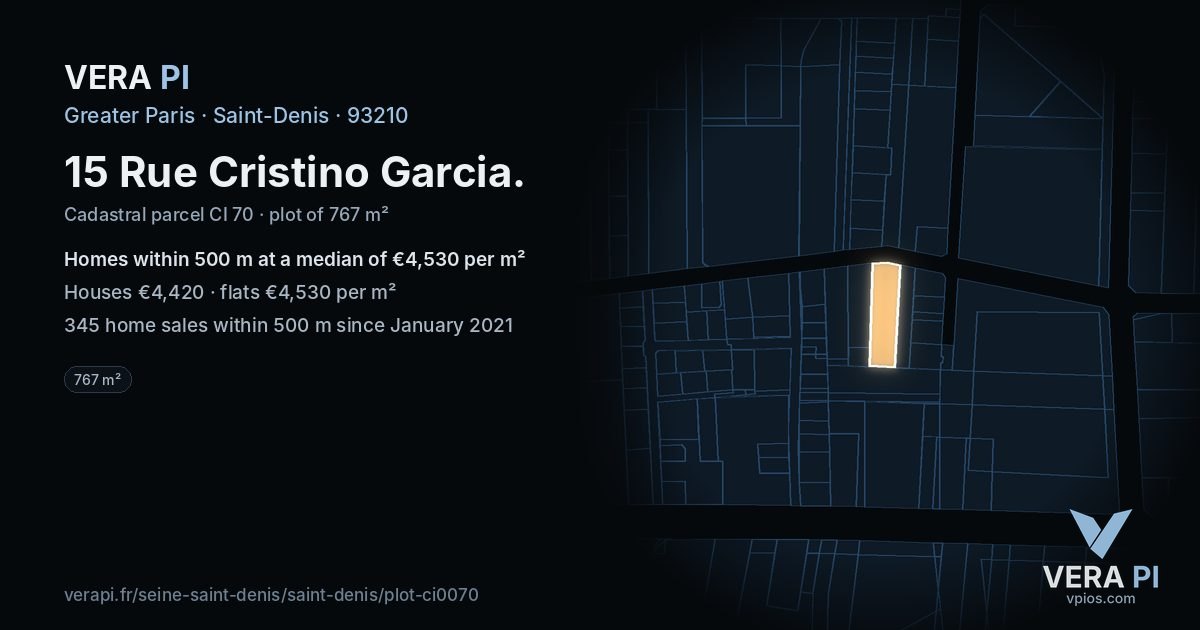 15 Rue Cristino Garcia, Saint-Denis at night – the plot lit, the parcels around coloured by the prices near them