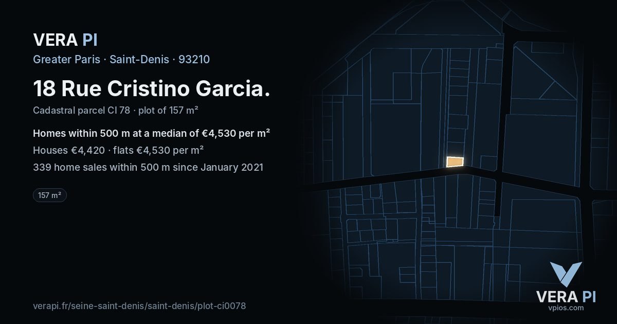 18 Rue Cristino Garcia, Saint-Denis at night – the plot lit, the parcels around coloured by the prices near them