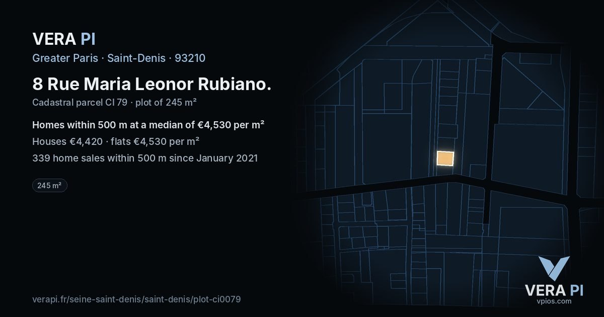 8 Rue Maria Leonor Rubiano, Saint-Denis at night – the plot lit, the parcels around coloured by the prices near them