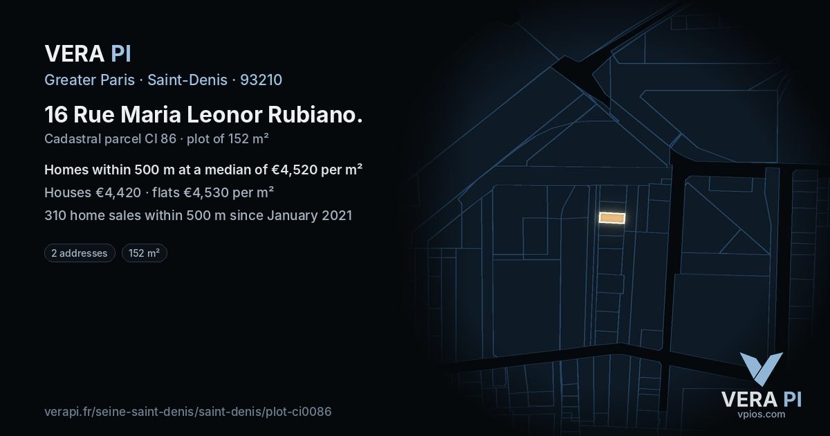 16 Rue Maria Leonor Rubiano, Saint-Denis at night – the plot lit, the parcels around coloured by the prices near them