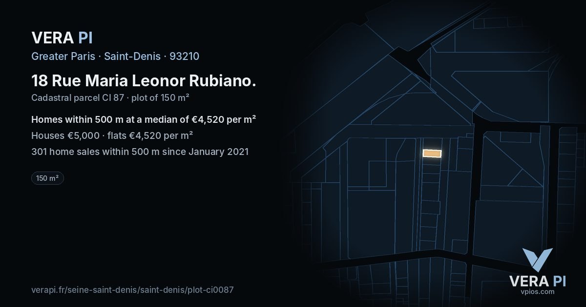 18 Rue Maria Leonor Rubiano, Saint-Denis at night – the plot lit, the parcels around coloured by the prices near them