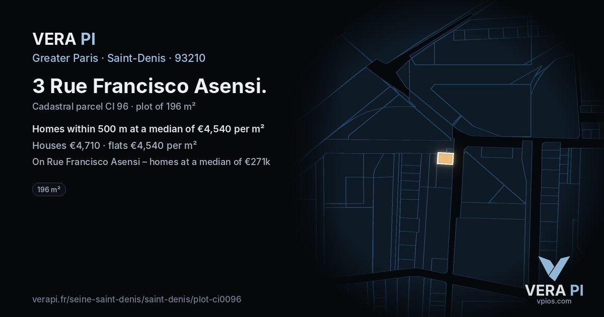3 Rue Francisco Asensi, Saint-Denis at night – the plot lit, the parcels around coloured by the prices near them