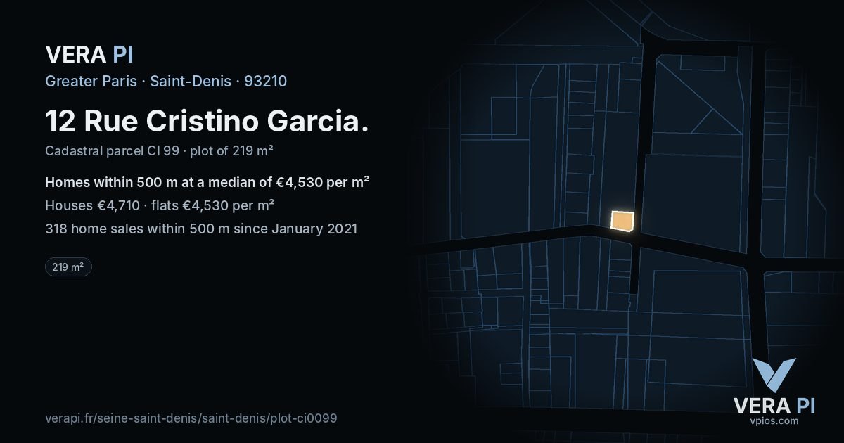 12 Rue Cristino Garcia, Saint-Denis at night – the plot lit, the parcels around coloured by the prices near them