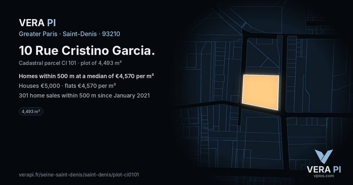 10 Rue Cristino Garcia, Saint-Denis at night – the plot lit, the parcels around coloured by the prices near them