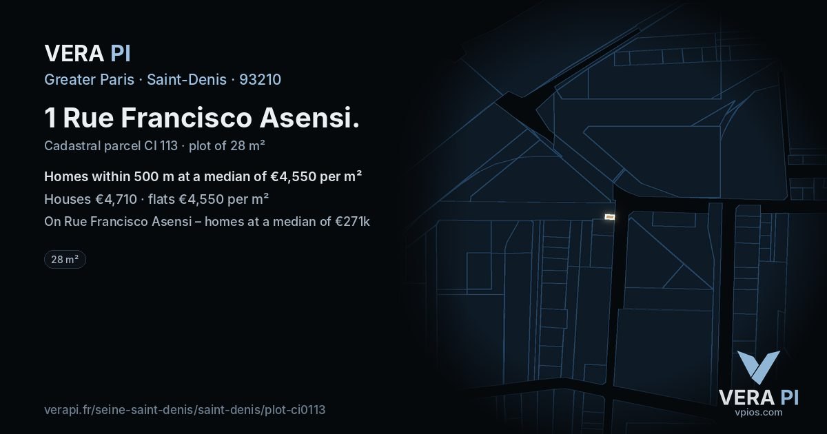 1 Rue Francisco Asensi, Saint-Denis at night – the plot lit, the parcels around coloured by the prices near them